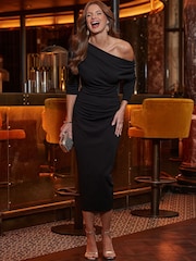 Sosandar Black Asymmetric Ruched Midi Dress - Image 3 of 5
