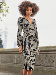 Sosandar Black Paisley Print Belted Wrap Dress - Image 1 of 4