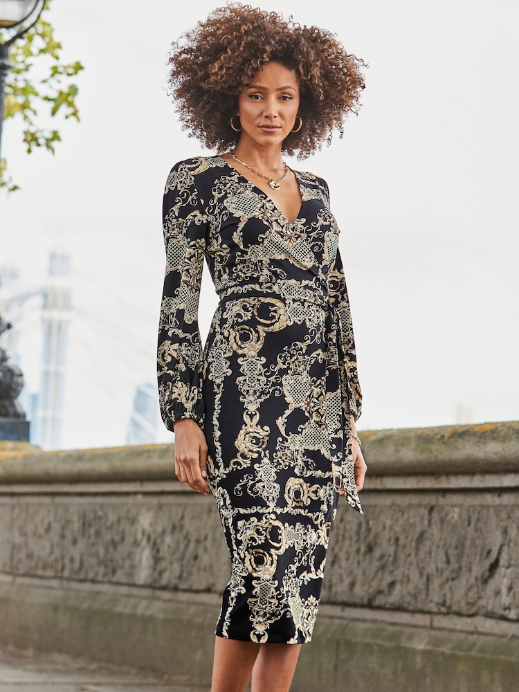 Sosandar Black Paisley Print Belted Wrap Dress - Image 1 of 4