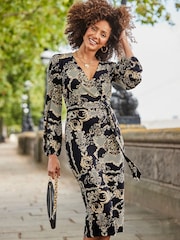 Sosandar Black Paisley Print Belted Wrap Dress - Image 2 of 4