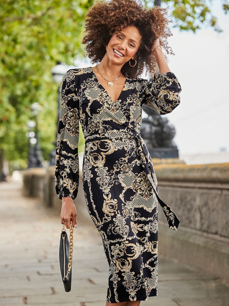 Sosandar Black Paisley Print Belted Wrap Dress - Image 2 of 4