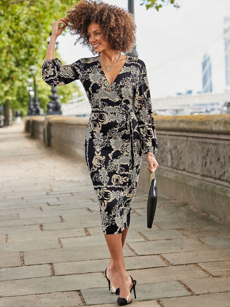 Sosandar Black Paisley Print Belted Wrap Dress - Image 4 of 4