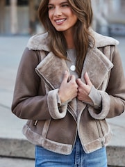Sosandar Brown Faux Shearling Aviator Jacket - Image 3 of 5