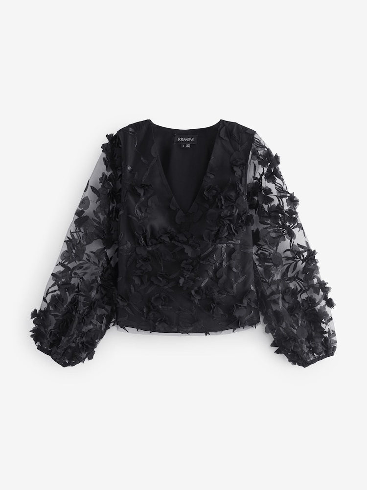 Sosandar Black Floral Lace Sleeve Detail Blouse - Image 1 of 6