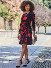 Sosandar Black Floral Print Ruched Detail Fit & Flare Dress - Image 1 of 5