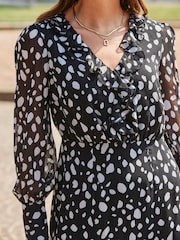 Sosandar Black Spot Print Ruffle Detail Pencil Dress - Image 5 of 5