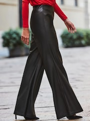Sosandar Black Petite Faux Fur Leather Palazzo Trousers - Image 4 of 5