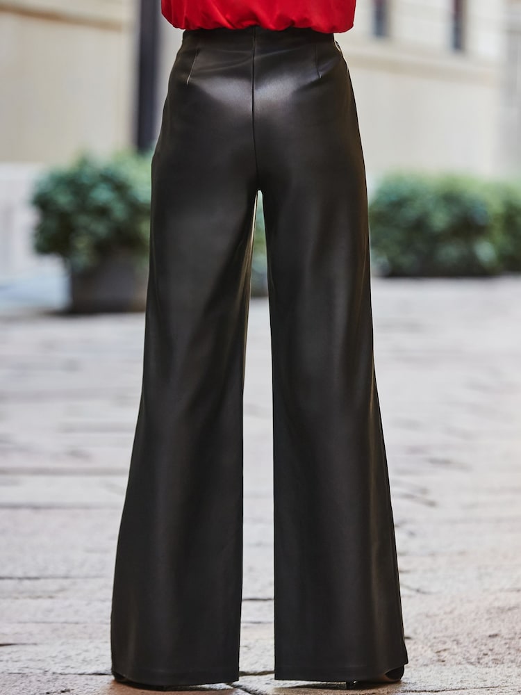 Sosandar Black Petite Faux Fur Leather Palazzo Trousers - Image 5 of 5