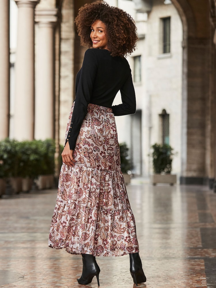 Sosandar Natural Paisley Print Metallic Stripe Tiered Maxi Skirt - Image 5 of 5