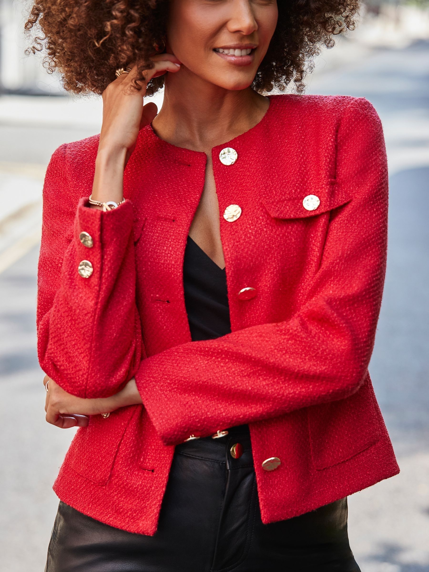 Red collarless jacket on sale