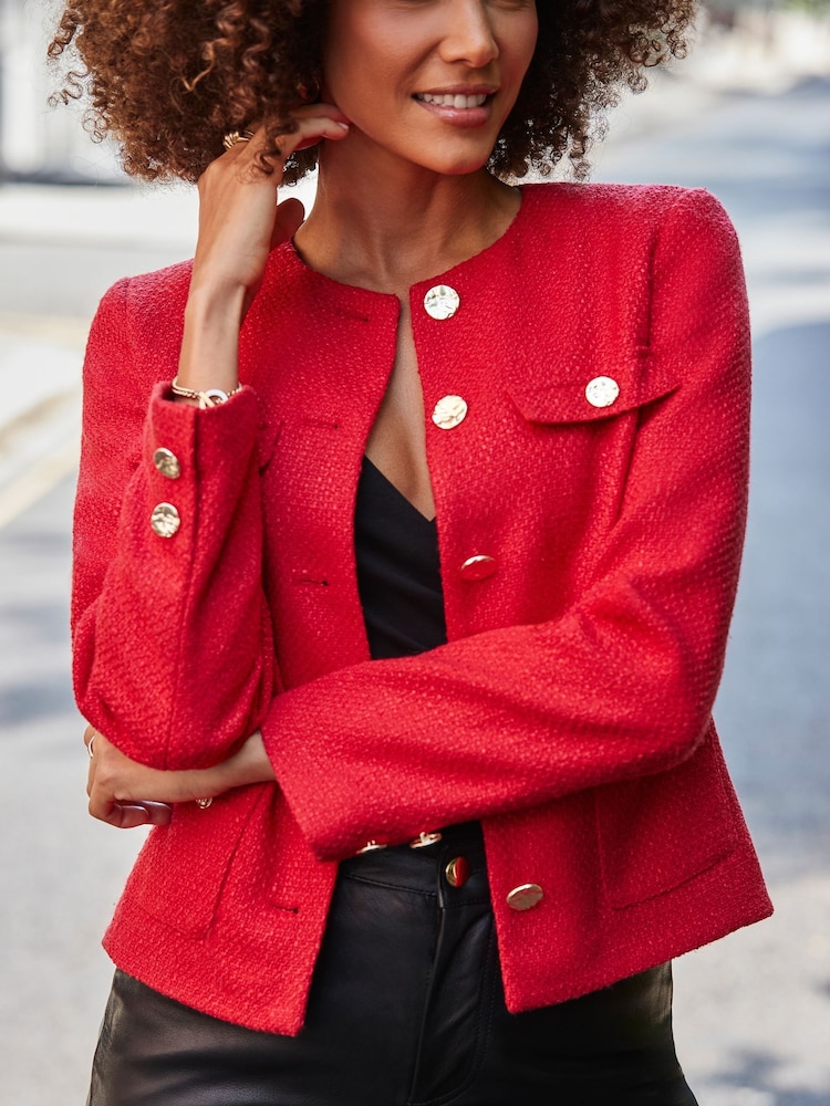 Sosandar Red Boucle Collarless Jacket - Image 5 of 5