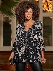 Sosandar Black Floral Print Ruffle Front Longline Blouse - Image 3 of 6