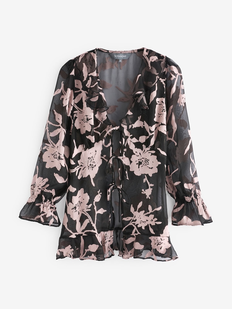 Sosandar Black Floral Print Ruffle Front Longline Blouse - Image 6 of 6