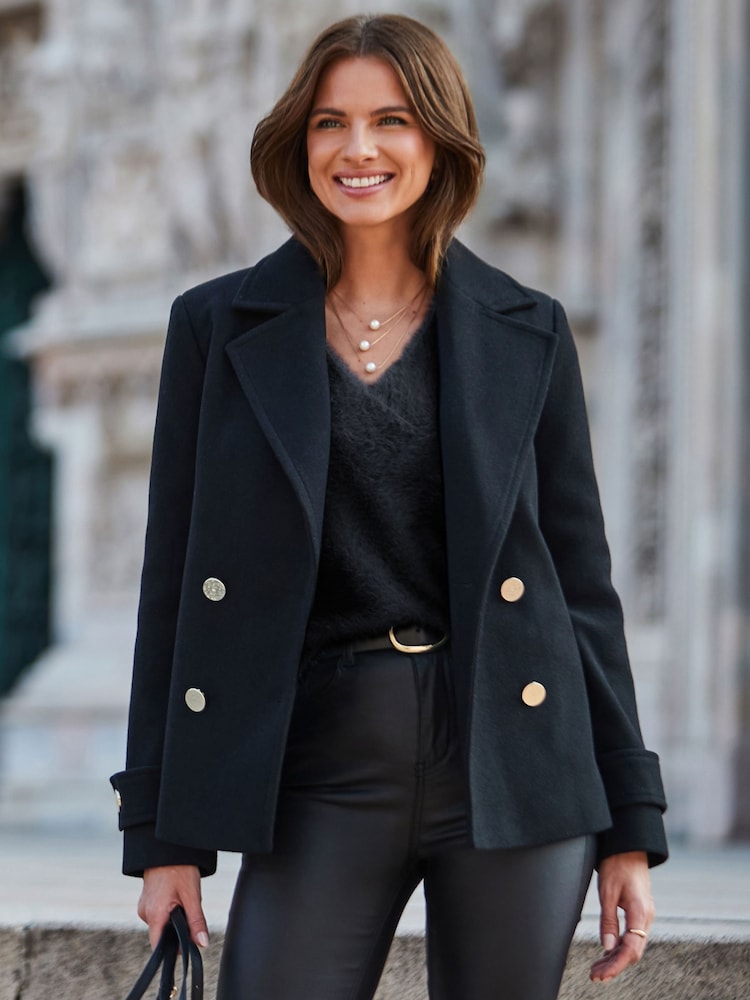 Sosandar Black Peacoat With Gold Buttons - Image 1 of 5