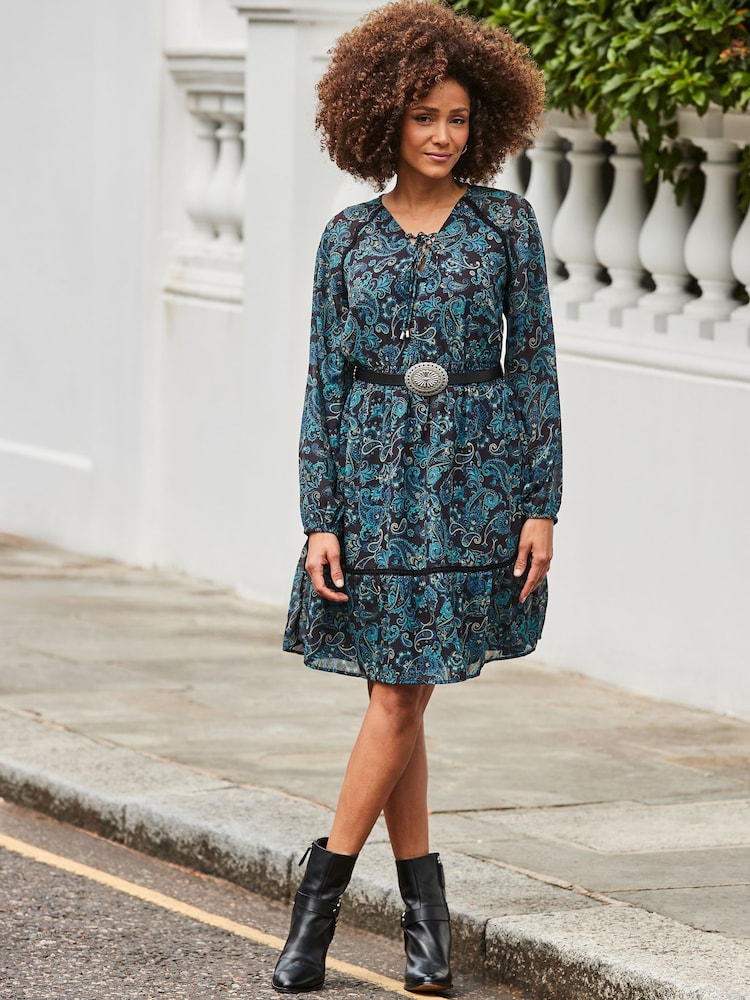 Sosandar Blue Paisley Print Fit & Flare Dress - Image 1 of 5