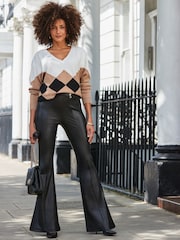 Sosandar Black Button Detail Flared Faux Leather Trousers - Image 1 of 5