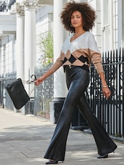 Sosandar Black Button Detail Flared Faux Leather Trousers - Image 5 of 5
