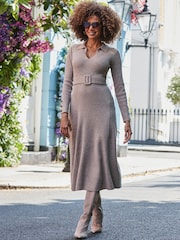 Sosandar Natural Contrast Trim Knitted Midi Shirt Dress - Image 5 of 5