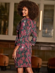 Sosandar Black Floral Print Sequin Ruffle Detail Mini Dress - Image 5 of 5