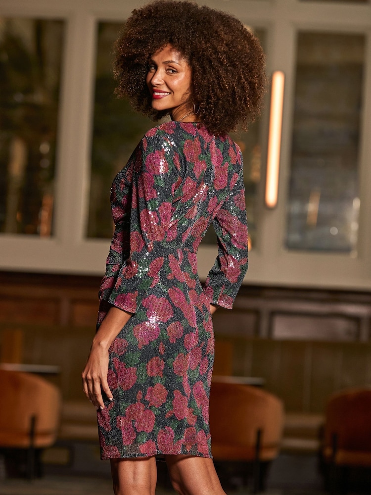 Sosandar Black Floral Print Sequin Ruffle Detail Mini Dress - Image 5 of 5