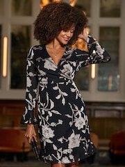 Sosandar Black Floral Print Ruffle Hem Wrap Dress - Image 3 of 5