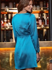 Sosandar Blue Satin Ruched Detail Dress - Image 4 of 5