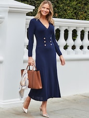 Sosandar Blue Knitted Button Detail Fit & Flare Midaxi Dress - Image 1 of 5