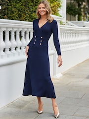 Sosandar Blue Knitted Button Detail Fit & Flare Midaxi Dress - Image 2 of 5