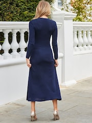 Sosandar Blue Knitted Button Detail Fit & Flare Midaxi Dress - Image 5 of 5