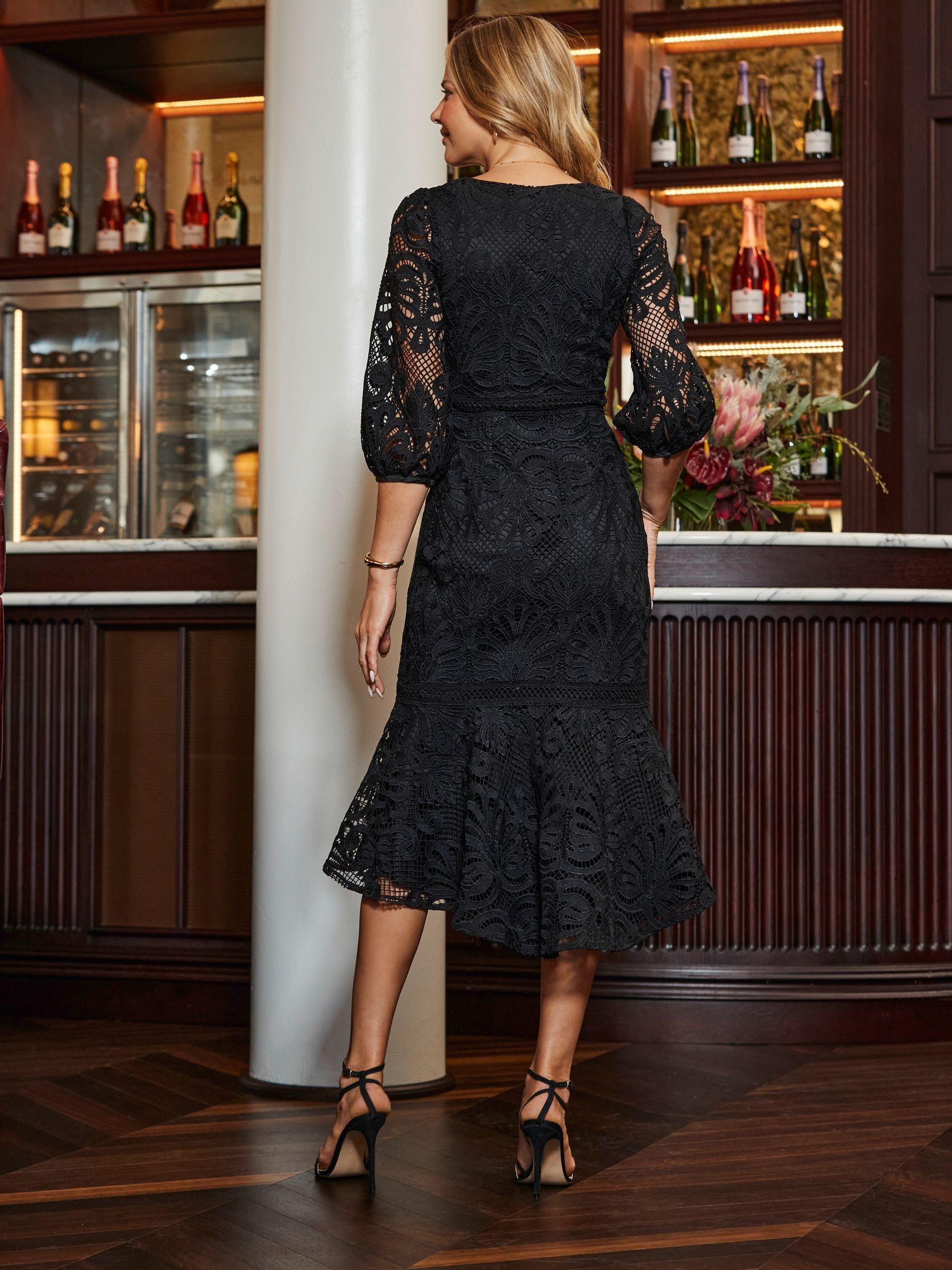 Buy Sosandar Black Sweetheart Neckline Lace Detail Midi Dress from