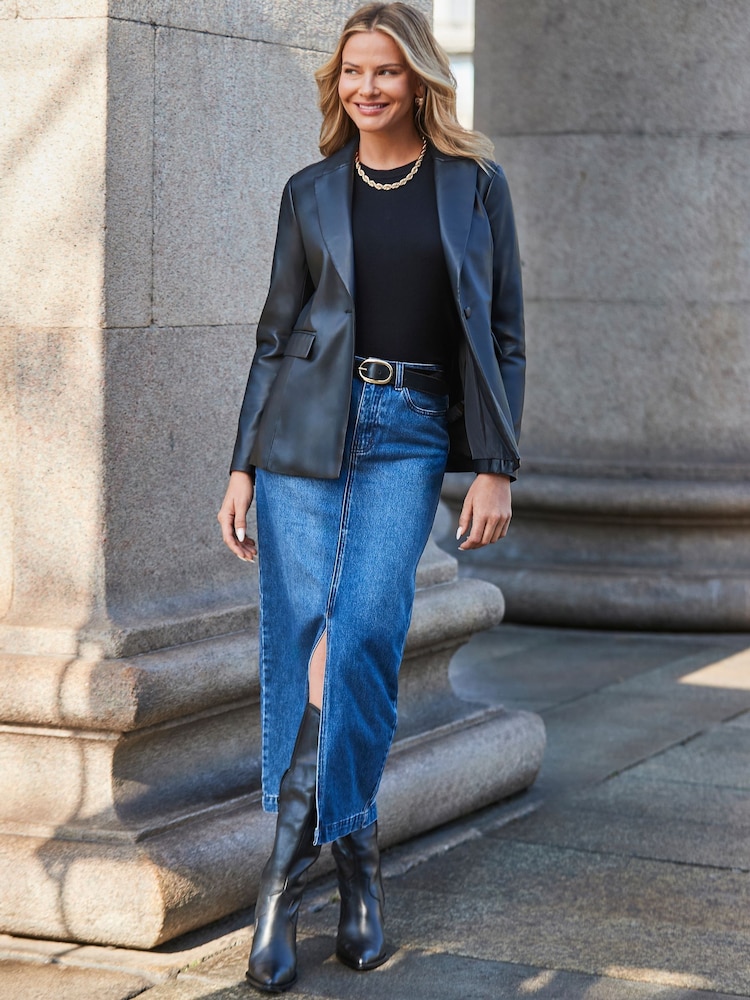 Sosandar Black Faux Leather Longline Blazer - Image 2 of 5