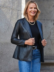 Sosandar Black Faux Leather Longline Blazer - Image 5 of 5
