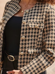 Sosandar Cream Dogtooth Print Boucle Collarless Jacket - Image 4 of 5