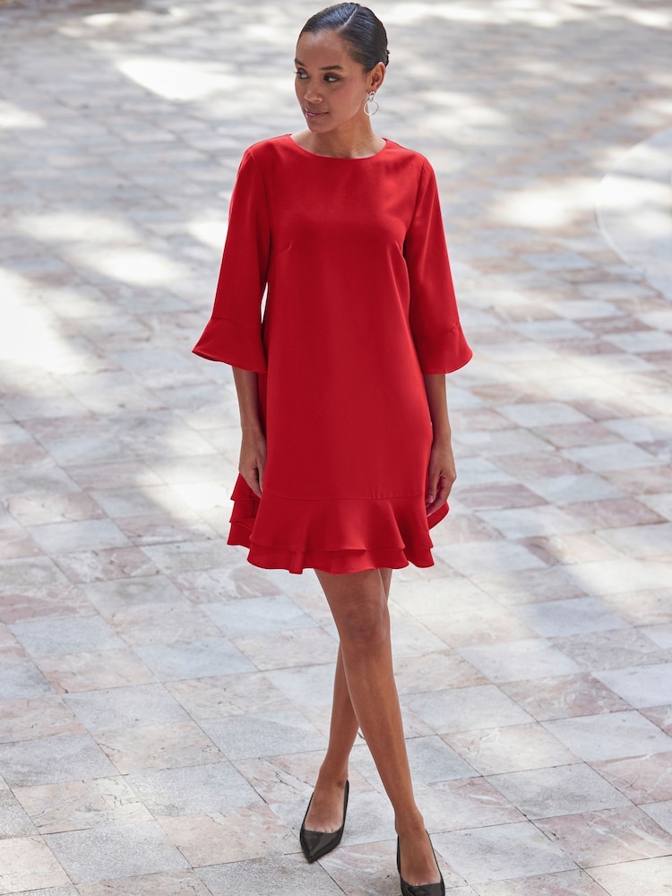 Sosandar Red Ruffle Hem Shift Dress - Image 1 of 5 Sosandar Red Ruffle Hem Shift Dress - Image 1 of 5