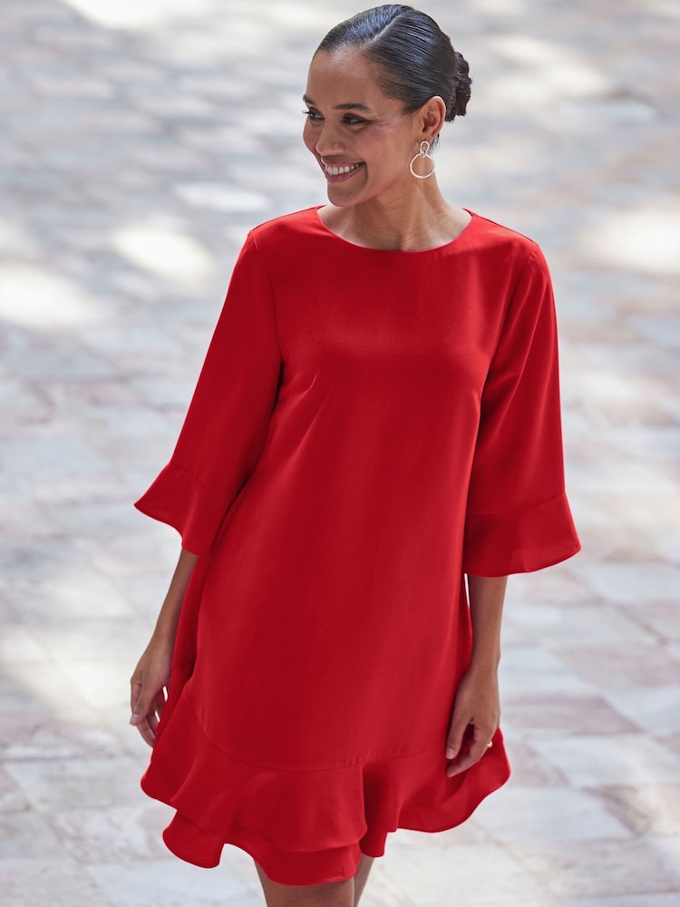 Sosandar Red Ruffle Hem Shift Dress - Image 2 of 5 Sosandar Red Ruffle Hem Shift Dress - Image 2 of 5