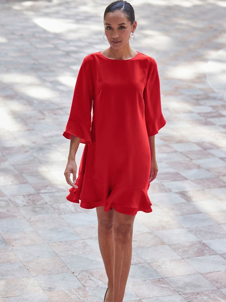 Sosandar Red Ruffle Hem Shift Dress - Image 5 of 5 Sosandar Red Ruffle Hem Shift Dress - Image 5 of 5