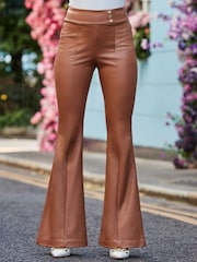 Sosandar Natural Button Detail Flared Faux Leather Trousers - Image 2 of 5