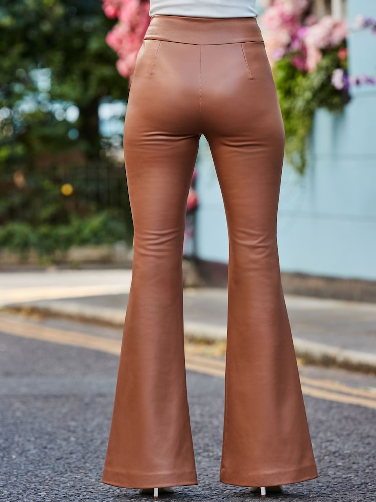 Sosandar Natural Button Detail Flared Faux Leather Trousers - Image 5 of 5