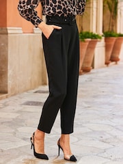 Sosandar Black High Waist Belted Tapered Trousers - Image 2 of 5