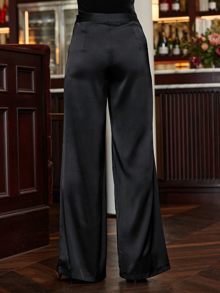 Sosandar Black Satin Wide Leg Trousers - Image 5 of 5 Sosandar Black Satin Wide Leg Trousers - Image 5 of 5