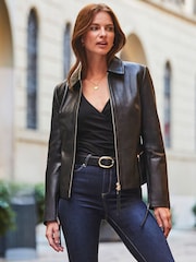 Sosandar Black Zip Detail Collared Leather Jacket - Image 1 of 5