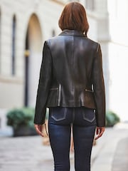 Sosandar Black Zip Detail Collared Leather Jacket - Image 4 of 5