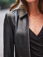 Sosandar Black Zip Detail Collared Leather Jacket - Image 5 of 5