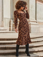 Sosandar Brown Leopard Print Tiered Hem Midi Dress - Image 2 of 5