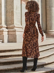 Sosandar Brown Leopard Print Tiered Hem Midi Dress - Image 3 of 5