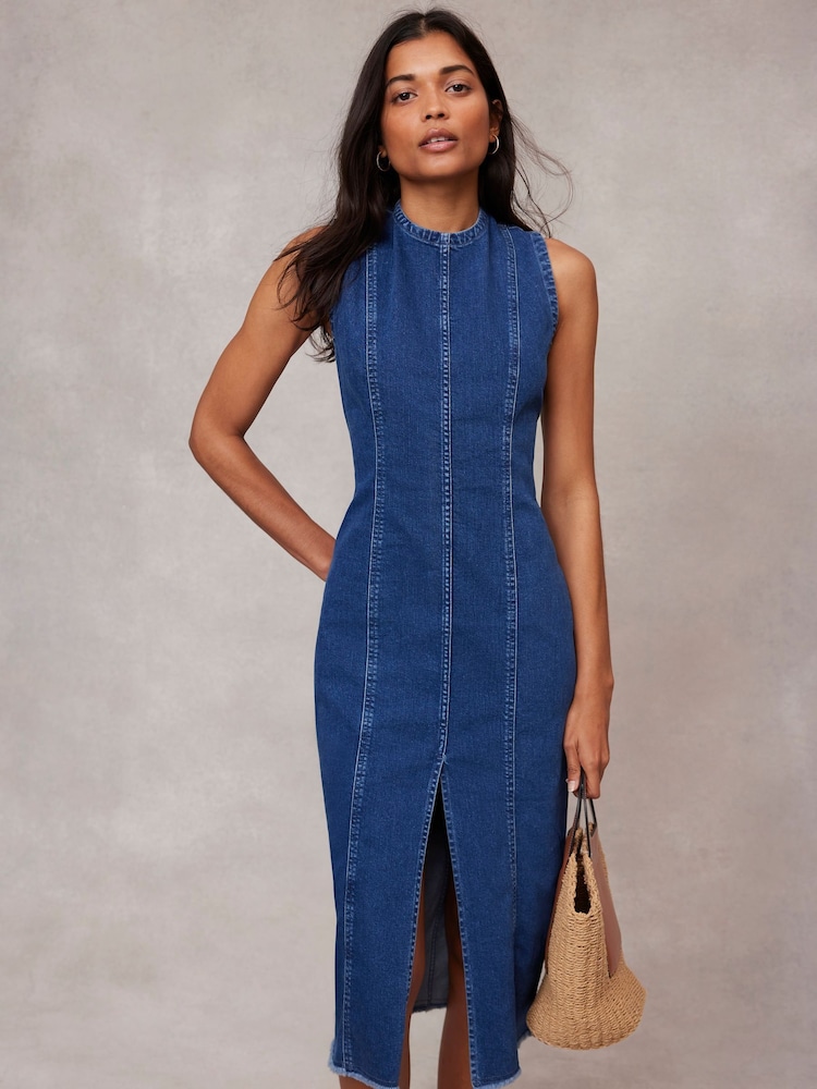 Mint Velvet Blue Sleeveless Denim Midi Dress - Image 1 of 4
