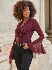 Sosandar Burgundy Red Ruffle Front Blouse - Image 1 of 5
