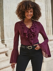 Sosandar Burgundy Red Ruffle Front Blouse - Image 3 of 5