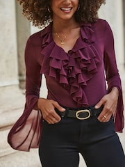 Sosandar Burgundy Red Ruffle Front Blouse - Image 5 of 5