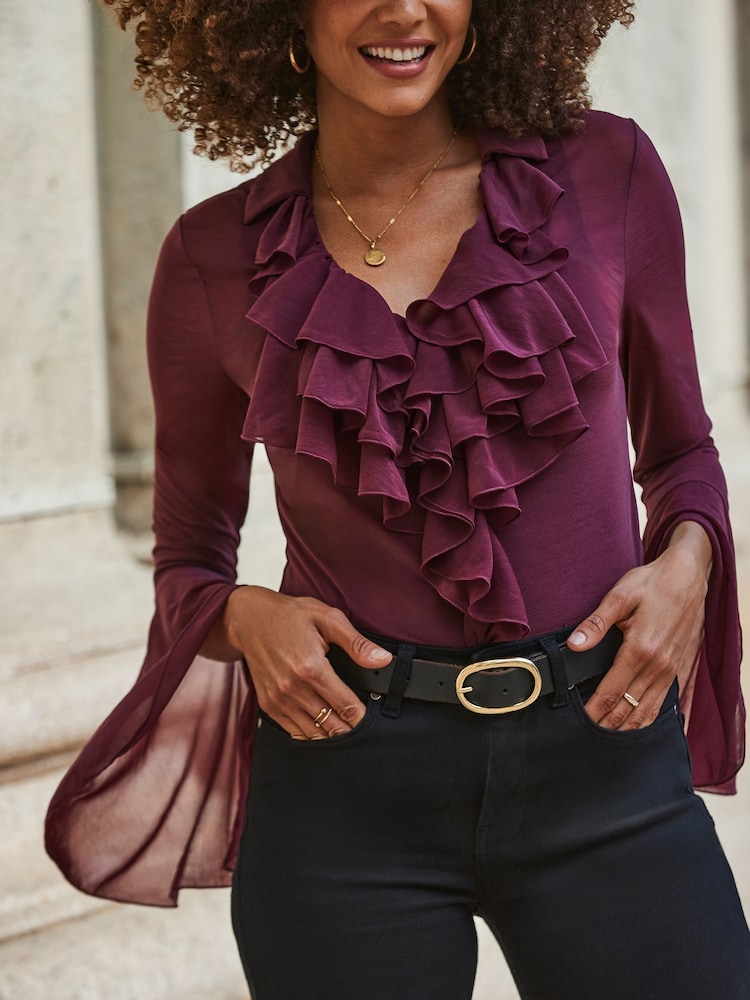 Sosandar Burgundy Red Ruffle Front Blouse - Image 5 of 5